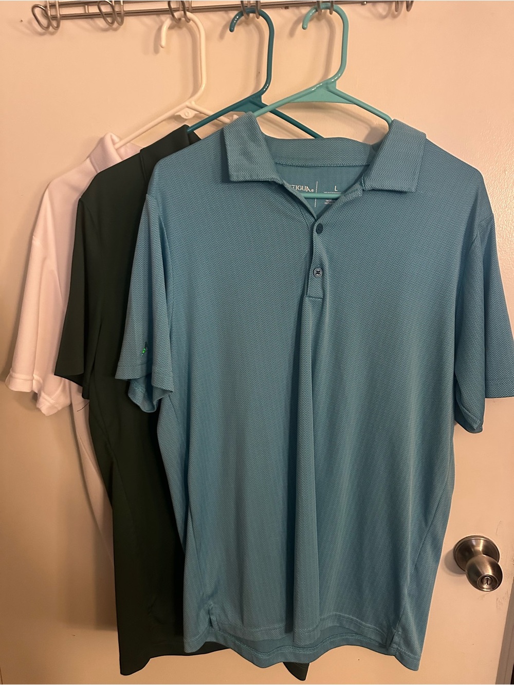 Antigua Men's Polo - Light Blue, White & Dark Green